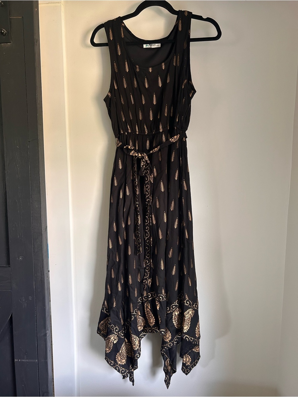 Sleeveless Black Midi Dress with Gold Paisley Print